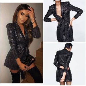 Zara Sequin Black Sparkly Blazer Dress 